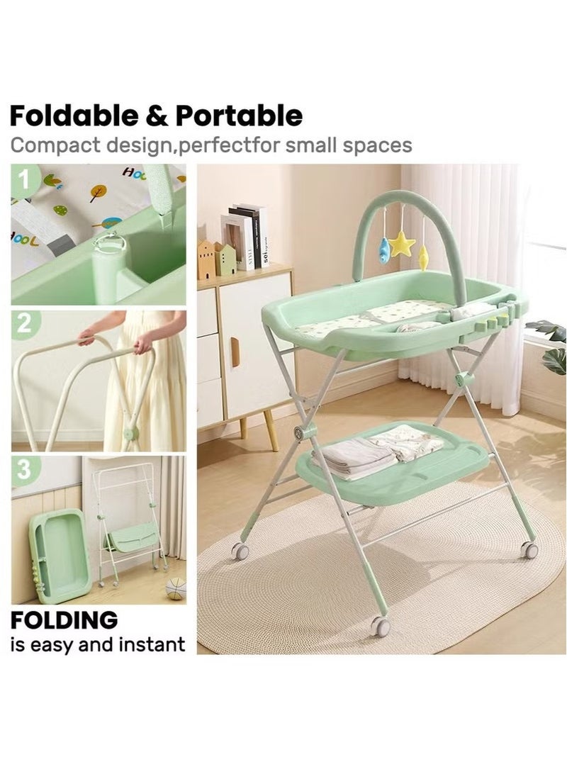 Gonice Water-Proof Baby Changing Table with Wheels, Foldable Adjustable Height Diaper Changing Tables with Changing Pad & Storage Rack Diaper Station for Newborn Baby and Infant  - Image 3