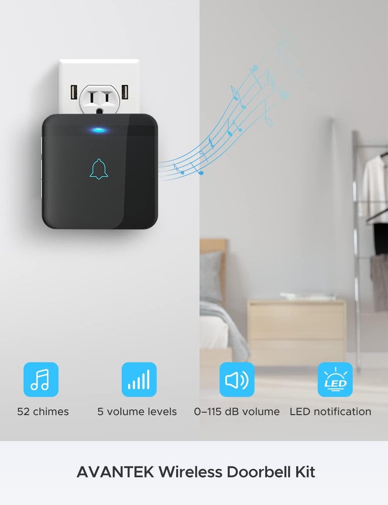 أفانتيك جرس باب لاسلكي من ، D-3G: مجموعة جرس مقاومة للماء، يمكن سماعه من مسافة تزيد عن 1300 قدم، تحتوي على 52 لحنًا، 5 مستويات للصوت، وإضاءة LED. - Image 3