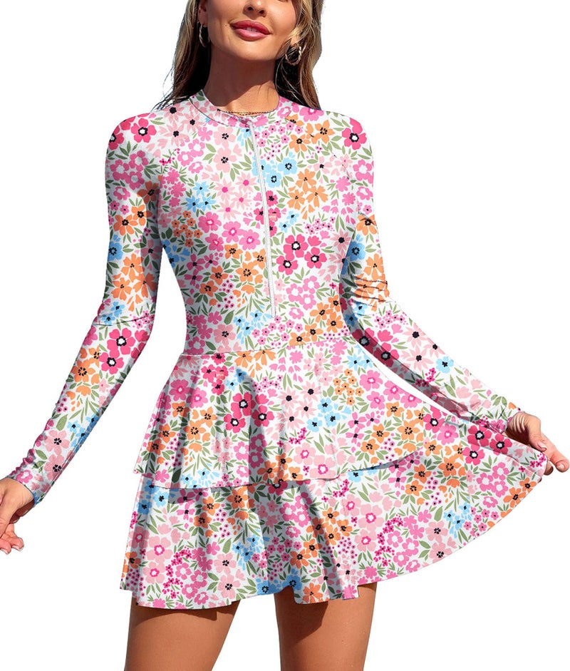 ZAFUL Women's One Piece Rash Guard Long Sleeve Modest Swimsuits Dress Zipper Bathing Suit Swimskirt 0-Pink Flowers M - Image 1