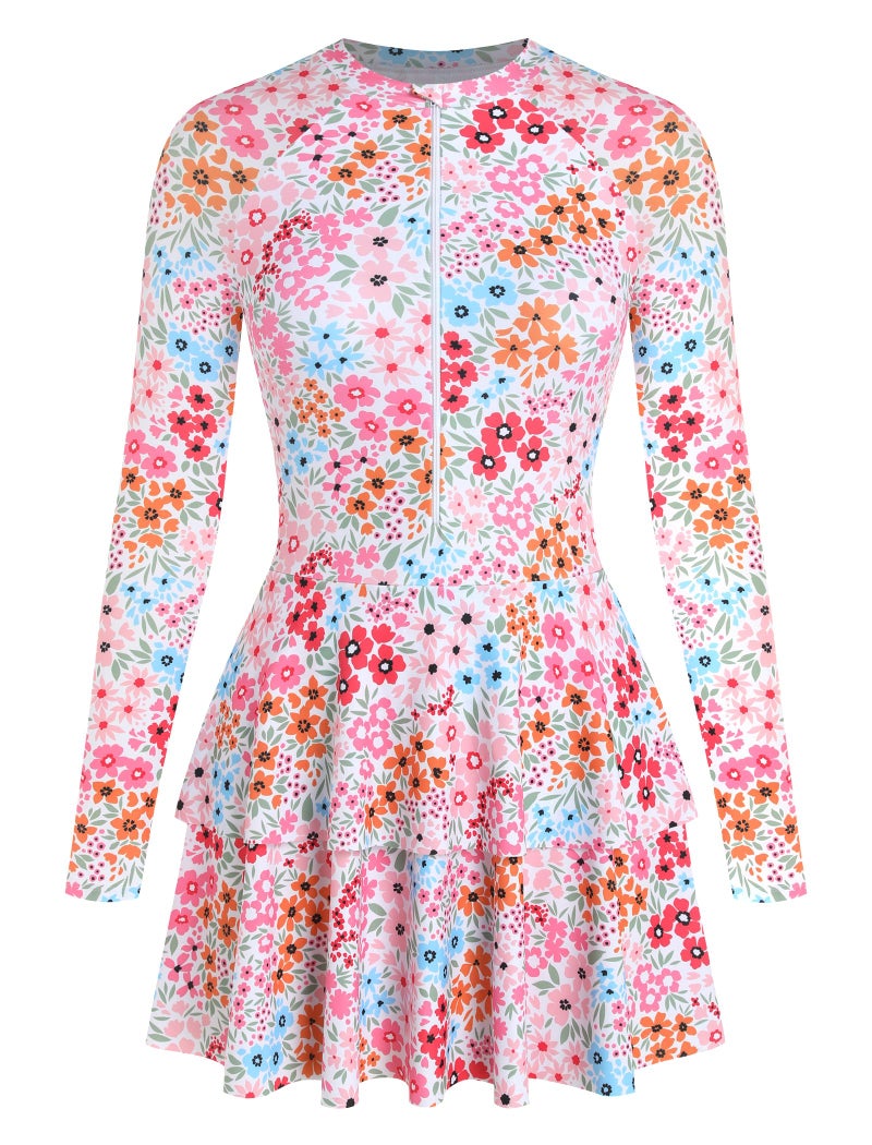 ZAFUL Women's One Piece Rash Guard Long Sleeve Modest Swimsuits Dress Zipper Bathing Suit Swimskirt 0-Pink Flowers M - Image 2