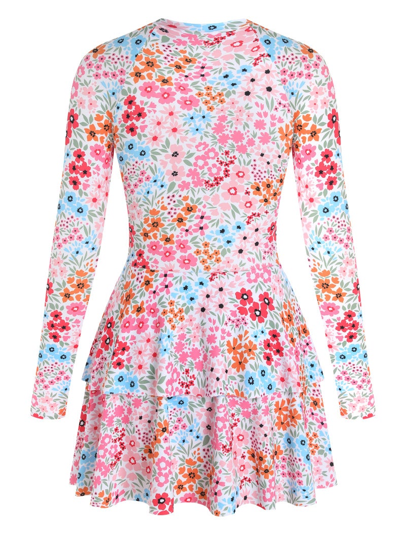ZAFUL Women's One Piece Rash Guard Long Sleeve Modest Swimsuits Dress Zipper Bathing Suit Swimskirt 0-Pink Flowers M - Image 3