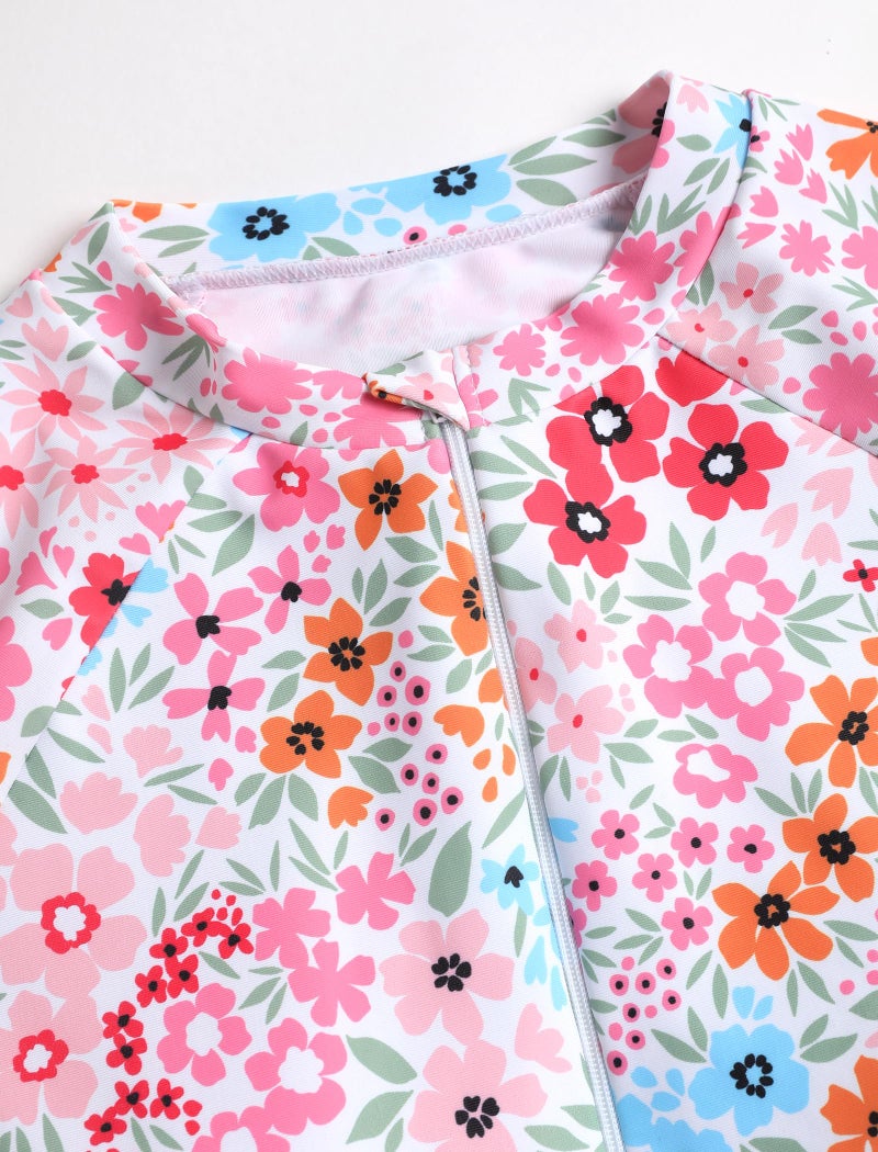 ZAFUL Women's One Piece Rash Guard Long Sleeve Modest Swimsuits Dress Zipper Bathing Suit Swimskirt 0-Pink Flowers M - Image 4