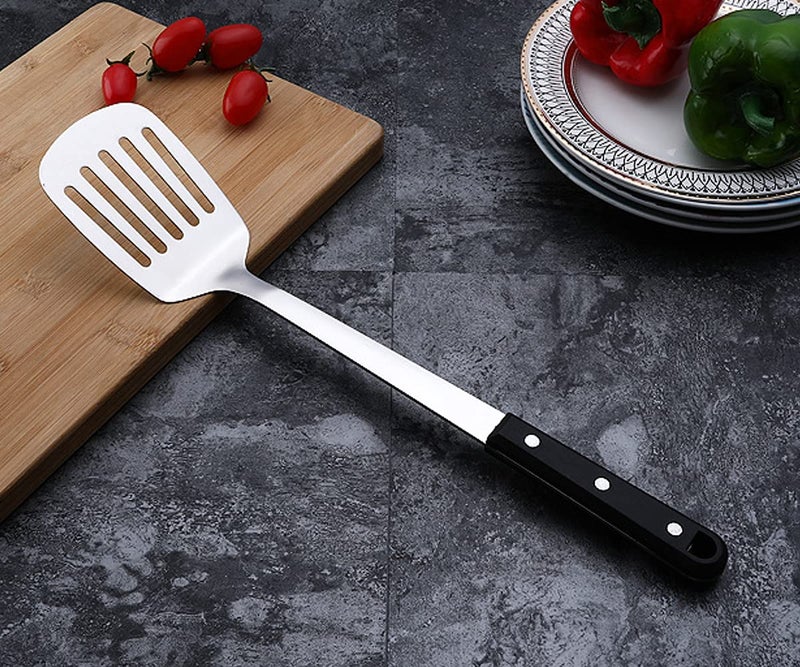 Mockery Stainless Steel Slotted Turner Comfortable Plastic Grip Handle Cooking Flipping Turning Frying and Grilling Refined Strainer for Kitchen Baking Dining Bar, 14 Inch - Image 1