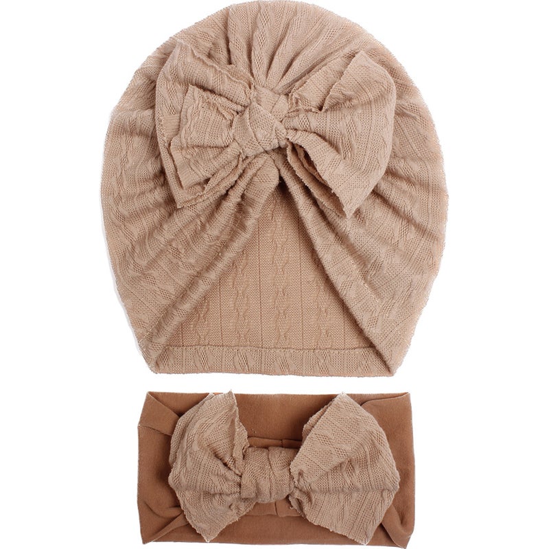 Generic European and American Summer New Baby Jacquard Hat Headband Set Bow Headband Combination Girls Cute Hat Coffee