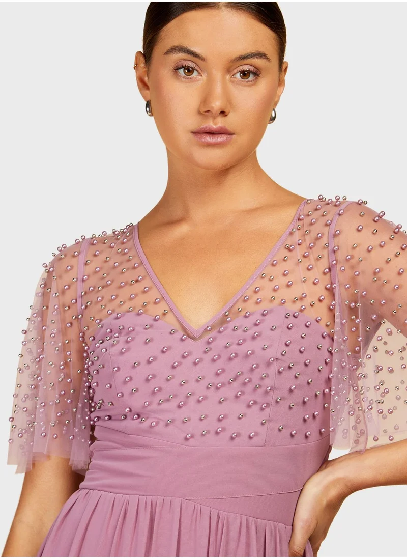 Little Mistress Frill Sleeve Side Split Dress