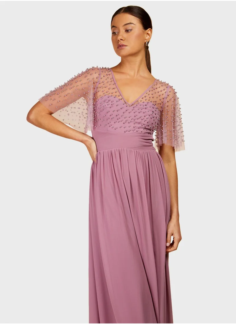 Little Mistress Frill Sleeve Side Split Dress