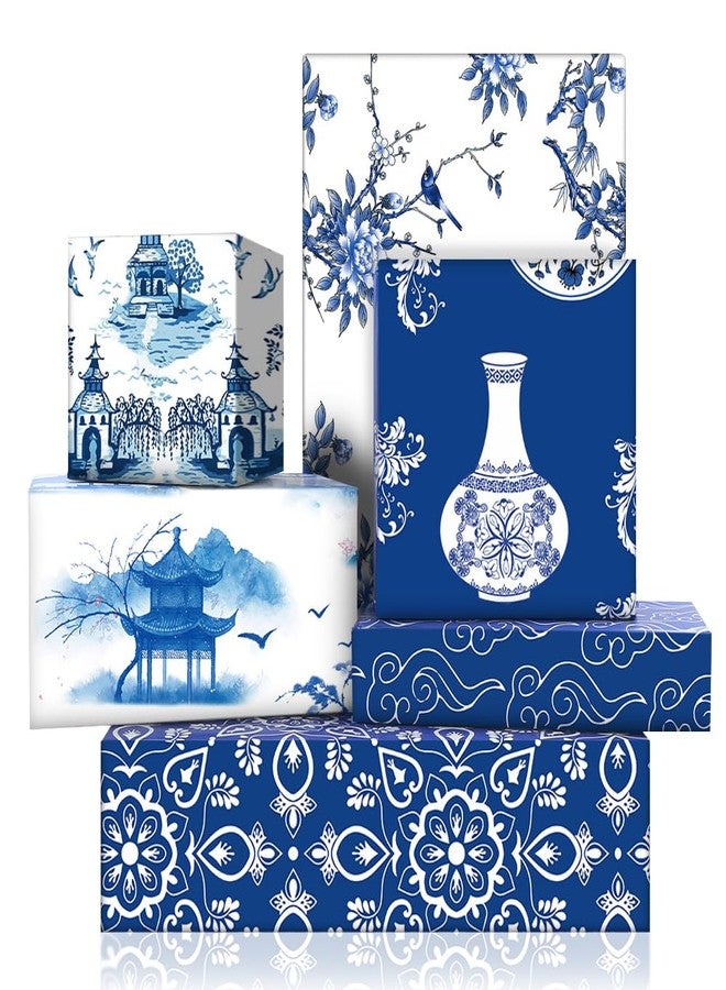 Boerni Fancy Vintage Blue and White Porcelain Chinoiserie Watercolor Ginger Jar Jungle Blue Gift Wrapping Paper, Oriental Art Paper Folded Flat 6 Sheets 6 Designs: 23 sq. ft. ttl-for Birthdat Friends Lover Christmas Valentine Anniversary Wedding Daily Decorative Gift Wrap Crafts - Image 1