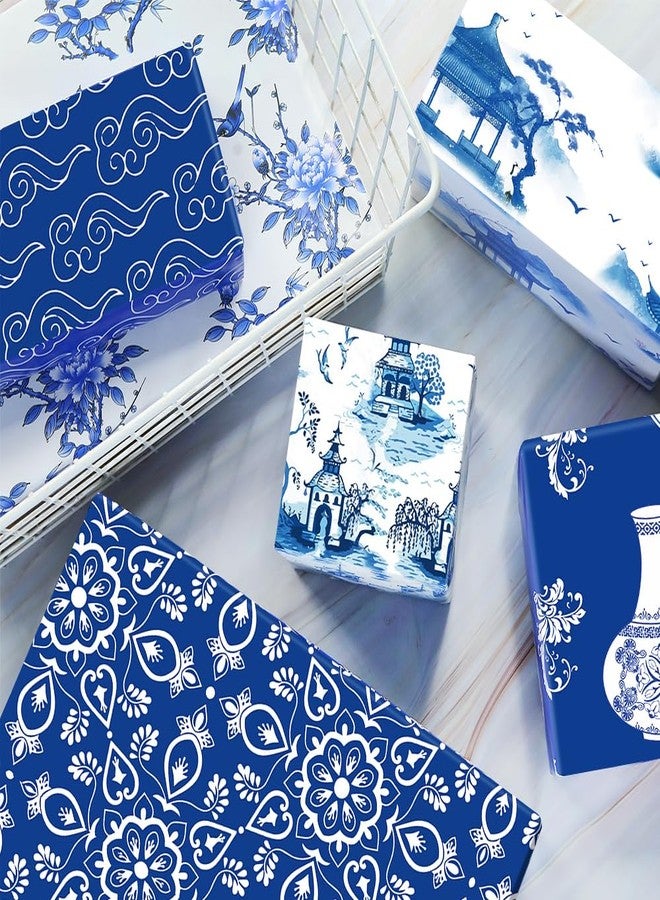 Boerni Fancy Vintage Blue and White Porcelain Chinoiserie Watercolor Ginger Jar Jungle Blue Gift Wrapping Paper, Oriental Art Paper Folded Flat 6 Sheets 6 Designs: 23 sq. ft. ttl-for Birthdat Friends Lover Christmas Valentine Anniversary Wedding Daily Decorative Gift Wrap Crafts - Image 5