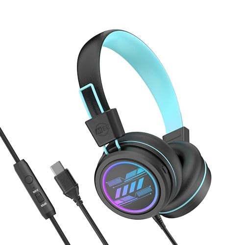 MEE audio KidJamz KJ55 Safe Listening USBC Headphones for Children with Multicolor LED Lights Volume Limiter Microphone OnEar Wired Kid Headset for iPhone 16 iPad USB Type C Devices Black - Image 1