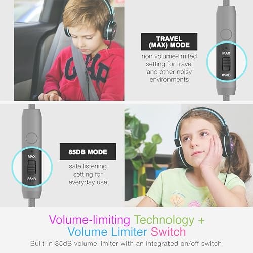 MEE audio KidJamz KJ55 Safe Listening USBC Headphones for Children with Multicolor LED Lights Volume Limiter Microphone OnEar Wired Kid Headset for iPhone 16 iPad USB Type C Devices Black - Image 3
