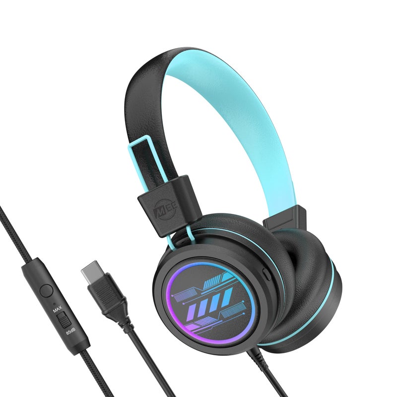 MEE audio KidJamz KJ55 Safe Listening USBC Headphones for Children with Multicolor LED Lights Volume Limiter Microphone OnEar Wired Kid Headset for iPhone 16 iPad USB Type C Devices Black - Image 2