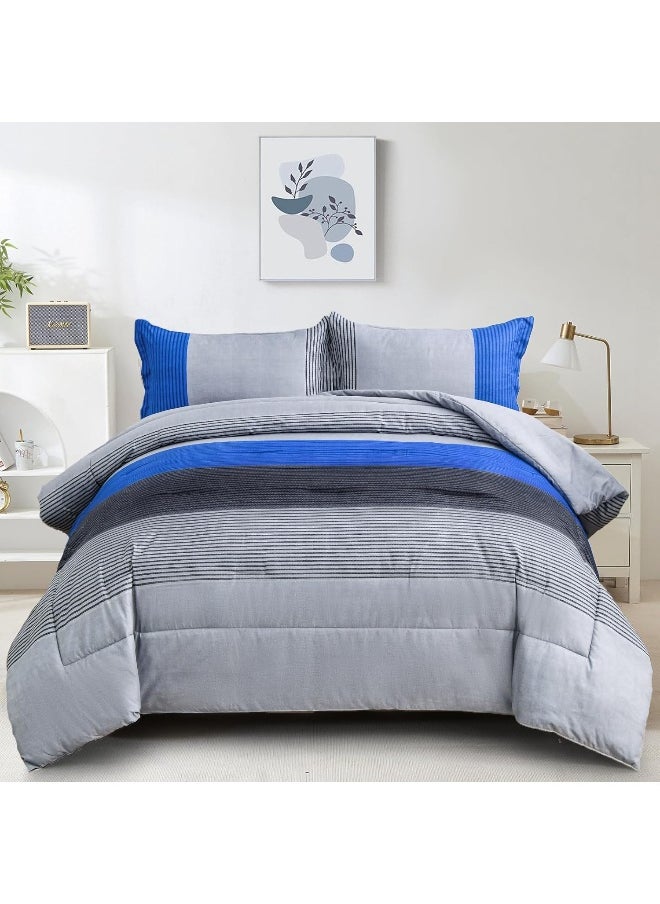 Generic WONGS BEDDING Blue Stripe Comforter Set Full Reversible Grey Blue Patchwork Comforter Set for Full Bed, 3 Pieces (1 Comforter+2 Pillowcase), Soft Microfiber Filling Duvet Set 78”×90”  - Image 1