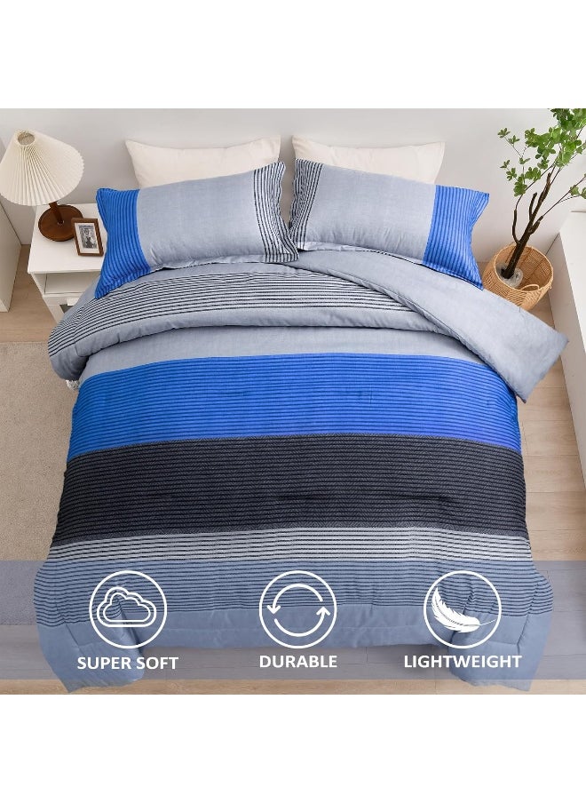 Generic WONGS BEDDING Blue Stripe Comforter Set Full Reversible Grey Blue Patchwork Comforter Set for Full Bed, 3 Pieces (1 Comforter+2 Pillowcase), Soft Microfiber Filling Duvet Set 78”×90”  - Image 3