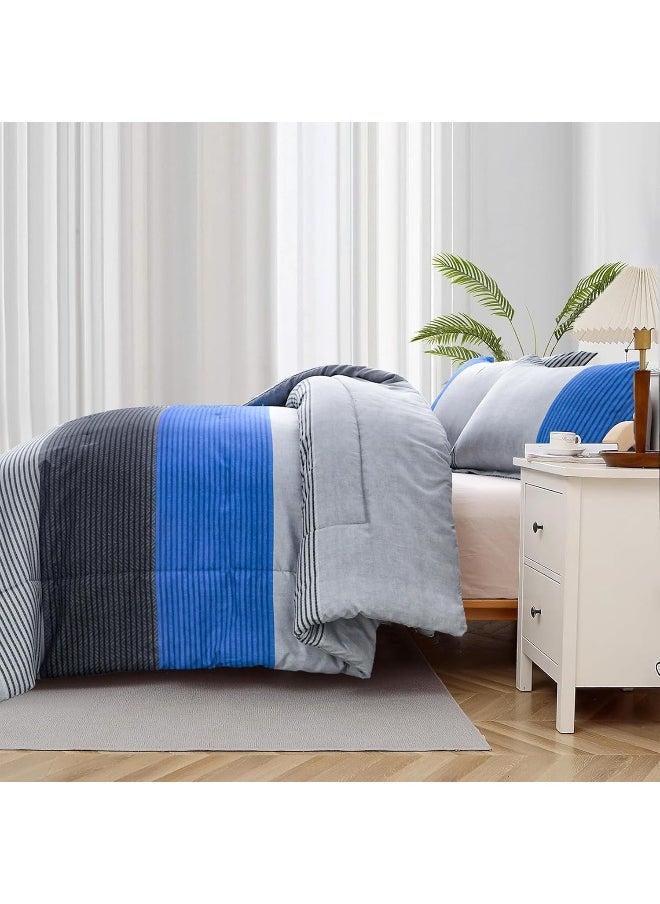 Generic WONGS BEDDING Blue Stripe Comforter Set Full Reversible Grey Blue Patchwork Comforter Set for Full Bed, 3 Pieces (1 Comforter+2 Pillowcase), Soft Microfiber Filling Duvet Set 78”×90”  - Image 5
