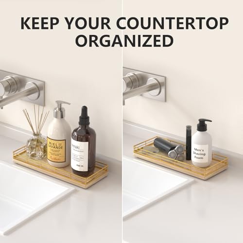 Focusonit Bathroom Tray for Counter Top Organizer – Oak Wood Vanity Tray with Metal Frame for Dresser, Kitchen, Nightstand – Gold & Oak Decorative Storage - Image 2