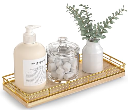 Focusonit Bathroom Tray for Counter Top Organizer – Oak Wood Vanity Tray with Metal Frame for Dresser, Kitchen, Nightstand – Gold & Oak Decorative Storage - Image 1