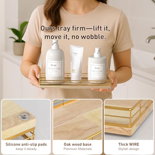 Focusonit Bathroom Tray for Counter Top Organizer – Oak Wood Vanity Tray with Metal Frame for Dresser, Kitchen, Nightstand – Gold & Oak Decorative Storage - Image 5