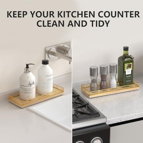 Focusonit Bathroom Tray for Counter Top Organizer – Oak Wood Vanity Tray with Metal Frame for Dresser, Kitchen, Nightstand – Gold & Oak Decorative Storage - Image 4