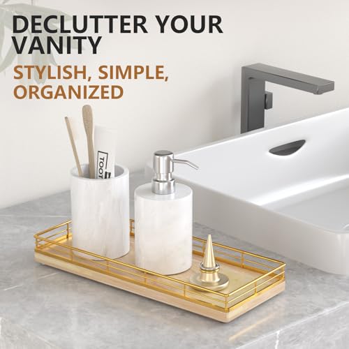 Focusonit Bathroom Tray for Counter Top Organizer – Oak Wood Vanity Tray with Metal Frame for Dresser, Kitchen, Nightstand – Gold & Oak Decorative Storage - Image 3