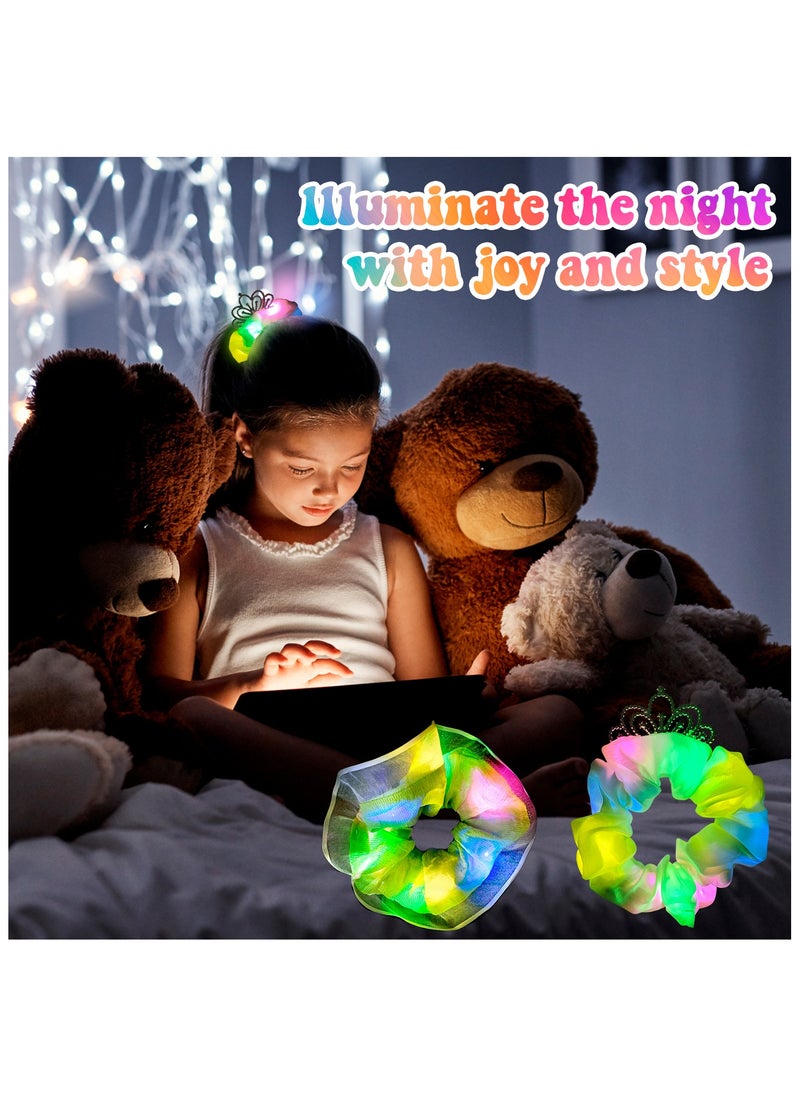 ILovhaprty Green Light Up Scrunchies with Crown, 2 Pcs Glow Scrunchies Set - Glow in The Dark Scrunchies, Led Light Up Hair Scrunchies & Glow in The Dark Hair Ties, for Girls/Women Led Light Up Hair Accessories  - Image 4