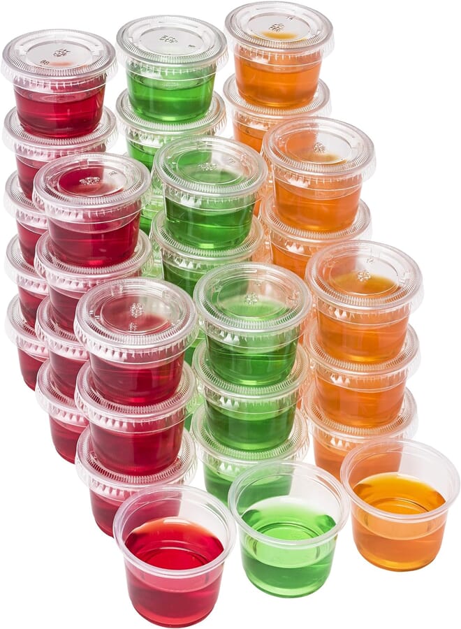 DuraHome Plastic Portion Cups with Lids 2 oz. 150 Pack Condiment Sauce Snack Souffle Dressing, Jello Shot Cup Containers, BPA free - by DuraHome