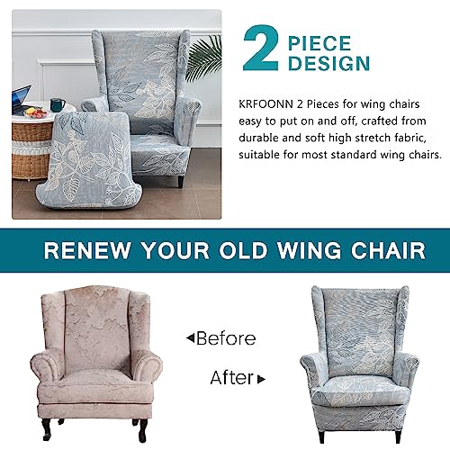KRFOONN Wingback Chair Cover 2 Piece Stretch Wing Chair Covers Spandex Slipcovers Wingback Sofa Covers Armchair Covers Non-Slip Furniture Protector for Living Room Wingback Chairs, Grey, 15 - Image 3