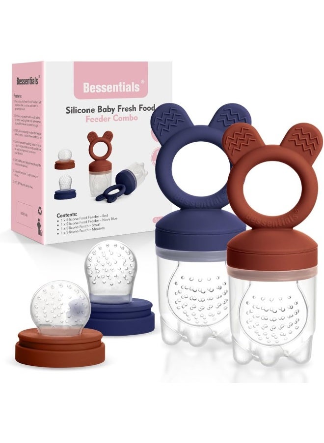 BESSENTIALS 2 Packs Baby Fresh Fruit Feeder Pacifier BPA Free [3 Sizes Silicone Food Pouches Included] (Dark Red & Navy Blue) - Image 1