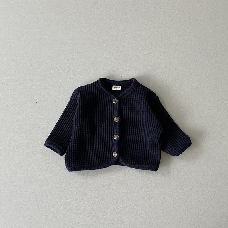 Kids Korean Cardigan Waffle Knit Sweater Lightweight Navy  - Image 1