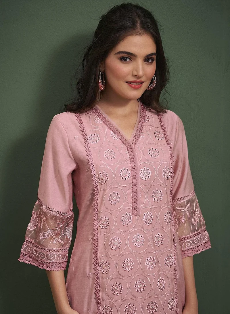 ISHIN  Women'S Peach 100% Cotton Embellished Full Length Palazzo Regular Fit Kurta Set for Women | Best Price UAE