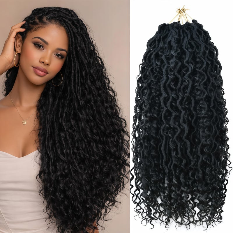 RMYHIG 8 Packs Goddess Locs Crochet Hair for Black Women, 18 Inch Human Hair Mix Synthetic Pre-looped Boho Faux Locs with Curly Ends Long River Crochet Hair for Black Women Hair Extensions(1B,18 Inch) - Image 1