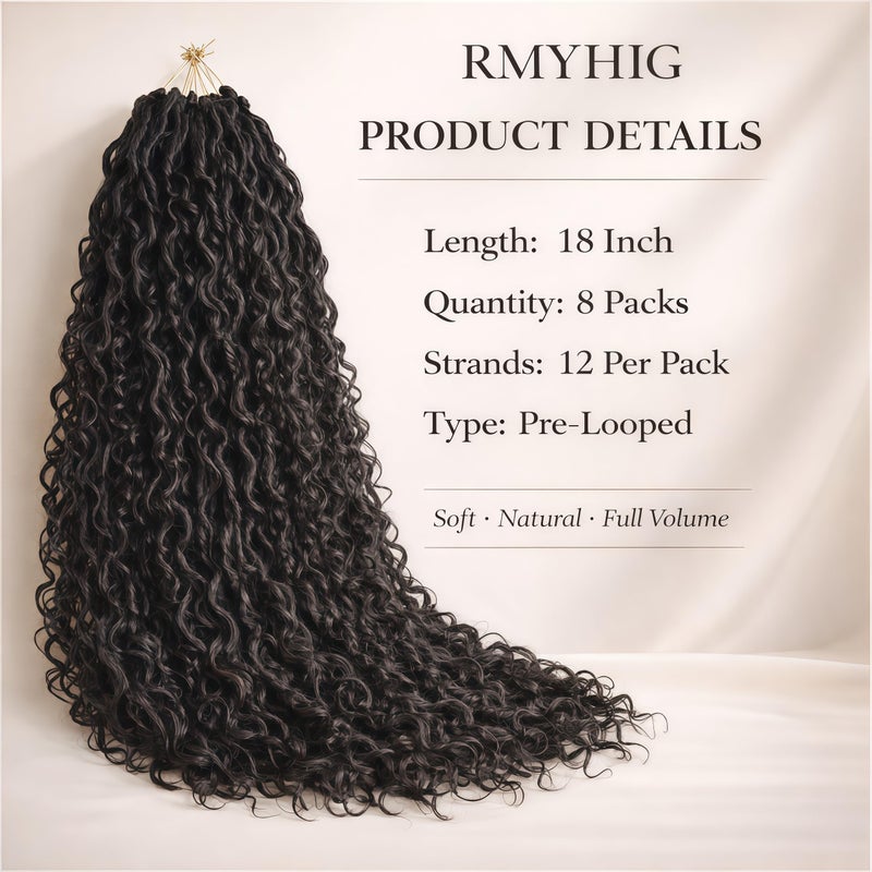 RMYHIG 8 Packs Goddess Locs Crochet Hair for Black Women, 18 Inch Human Hair Mix Synthetic Pre-looped Boho Faux Locs with Curly Ends Long River Crochet Hair for Black Women Hair Extensions(1B,18 Inch) - Image 2