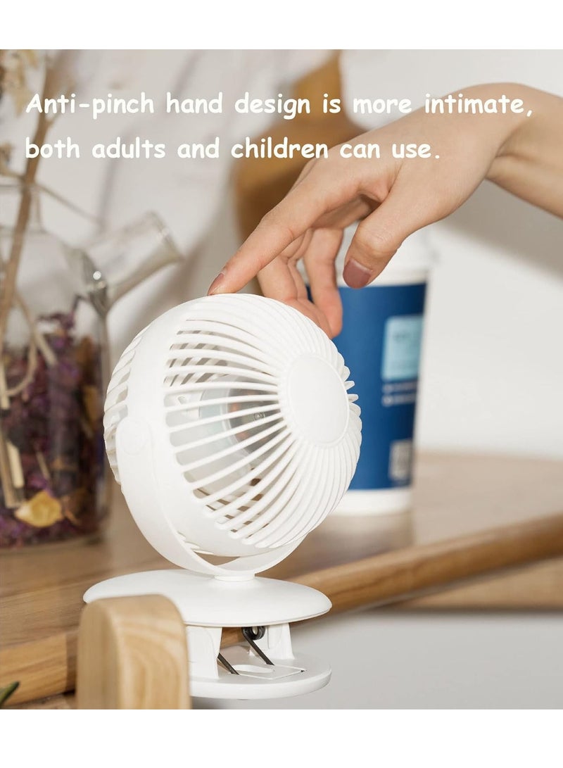 VUCATIN 720° Rotation Portable Desk Fan Clip on Fan USB Rechargeable 3 Speeds Small Table Fan with Sturdy Clamp Quiet Fan for Stroller Travel Office Baby Cot (White) - Image 4