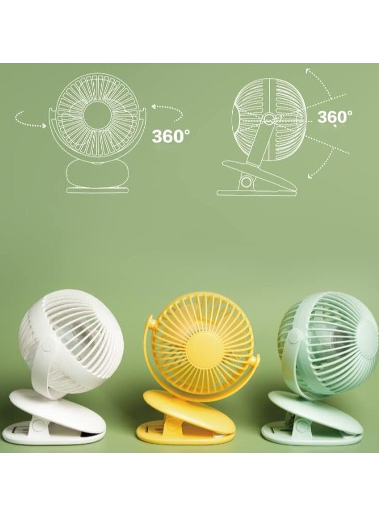 VUCATIN 720° Rotation Portable Desk Fan Clip on Fan USB Rechargeable 3 Speeds Small Table Fan with Sturdy Clamp Quiet Fan for Stroller Travel Office Baby Cot (White) - Image 3