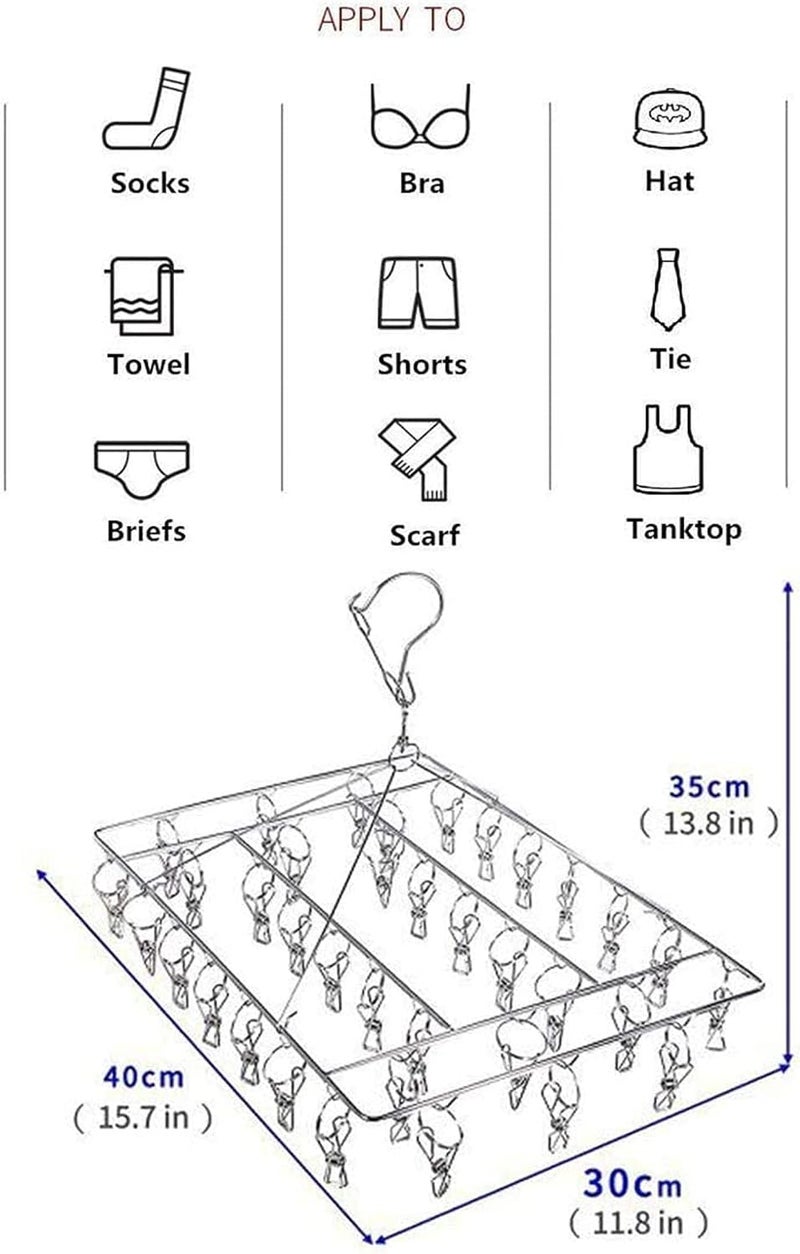 Delfino Stainless Steel Sock Drying Rack, Laundry Pegs with 36pcs Swivel Hook Wind-proof Clothes Hanging Rack Metal Clothespins Rectangle for Socks, Underwear, Shoe Insoles, Baby Clothes, Gloves - Image 4
