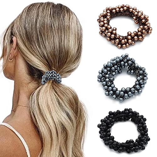 Brinie Hair Ties Champagne Elastic Hair Scrunchies Pearl Hair Bands Bead Hair Ropes Hair Accessories for Women and Girls (Pack of 3) (set3) - Image 1