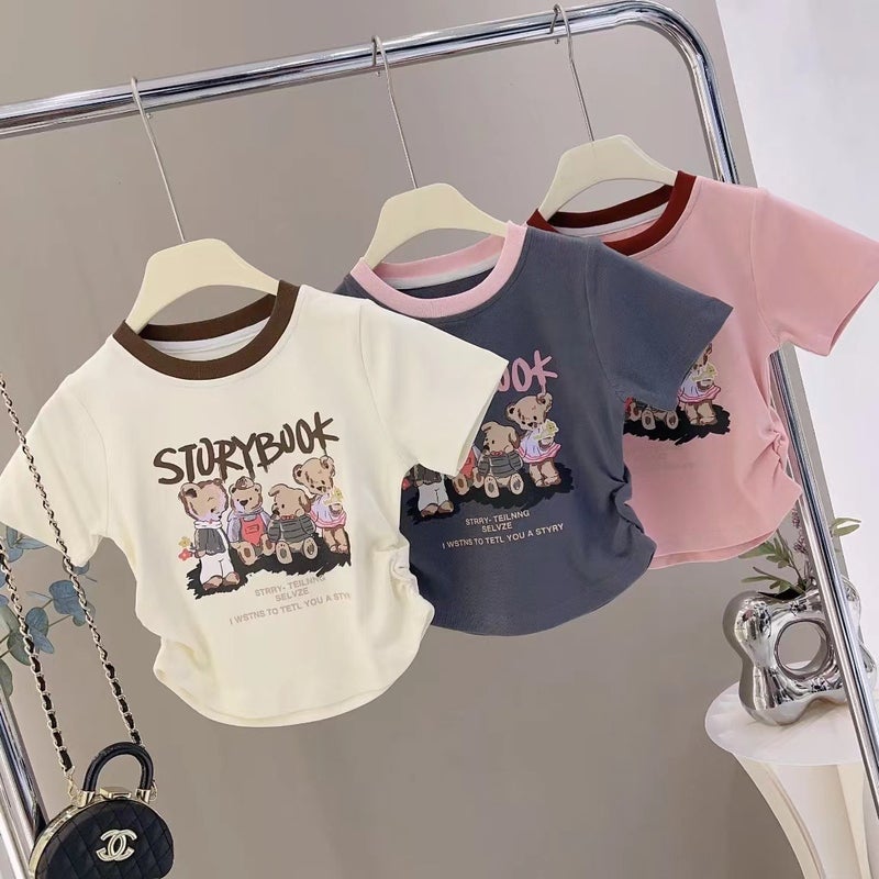 Cotton Girls Short-Sleeved T-Shirt 2025 Children'S Baby Cartoon Western-Style Slim-Fit High Waist Short Top - Image 2