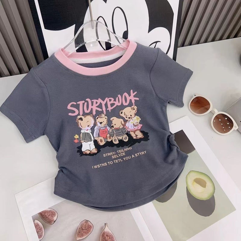 Cotton Girls Short-Sleeved T-Shirt 2025 Children'S Baby Cartoon Western-Style Slim-Fit High Waist Short Top - Image 1