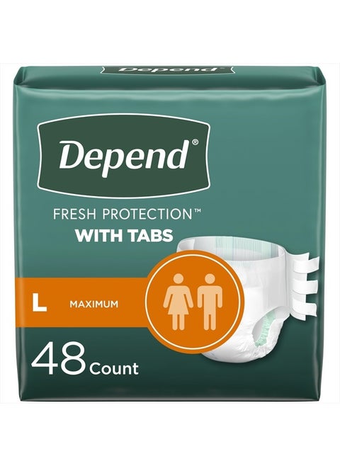 Incontinence Protection with Tabs, Unisex, Large (35–49" Waist, over 170 lbs), Maximum Absorbency, 48 Count (3 Packs of 16)