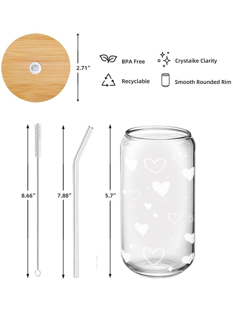 DAMCONME 2 Pack Coffee Cups with Lids,16oz Glass Cups with Straws and Lids-Glass Coffee Cups,Drinking Beer Glasses with Bamboo Lids,Cute Glass Cups, Heart Shaped Glasses Cups - Image 3