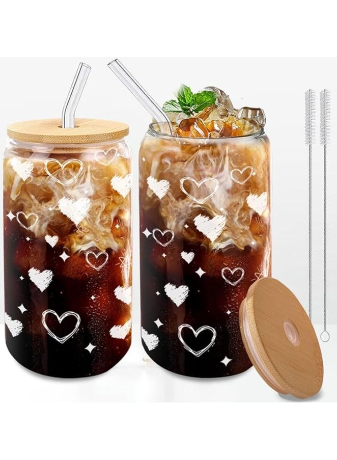 DAMCONME 2 Pack Coffee Cups with Lids,16oz Glass Cups with Straws and Lids-Glass Coffee Cups,Drinking Beer Glasses with Bamboo Lids,Cute Glass Cups, Heart Shaped Glasses Cups - Image 1