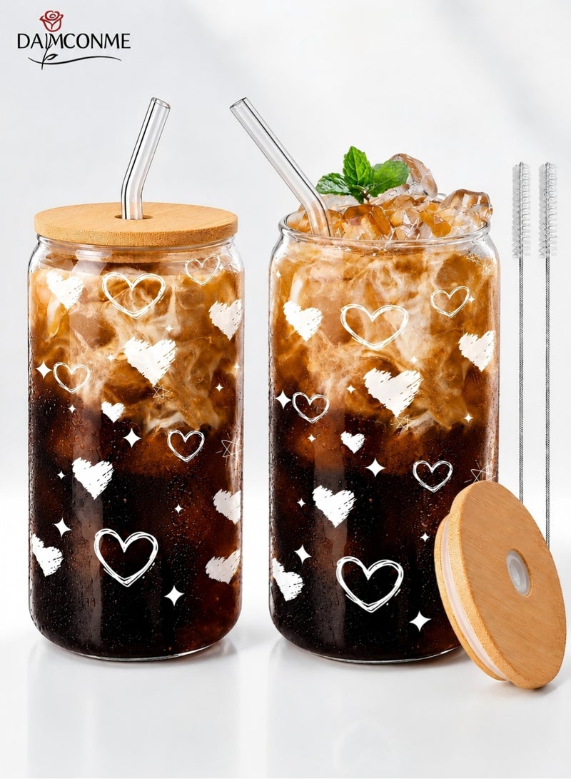DAMCONME 2 Pack Coffee Cups with Lids,16oz Glass Cups with Straws and Lids-Glass Coffee Cups,Drinking Beer Glasses with Bamboo Lids,Cute Glass Cups, Heart Shaped Glasses Cups - Image 1