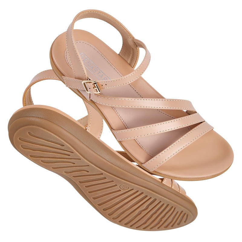 SERASTAR Flat Sandals for Women Dressy - Size 8 Comfy Summer Sandals - Comfortable Walking Dress Womens Flats Sandal Apricot - Image 1