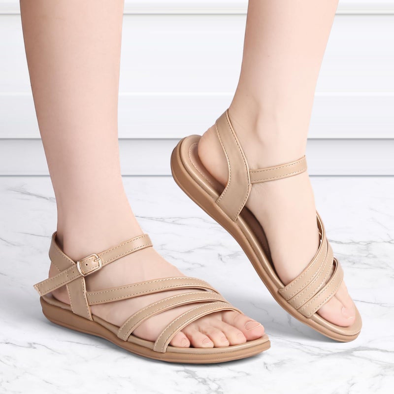 SERASTAR Flat Sandals for Women Dressy - Size 8 Comfy Summer Sandals - Comfortable Walking Dress Womens Flats Sandal Apricot - Image 2