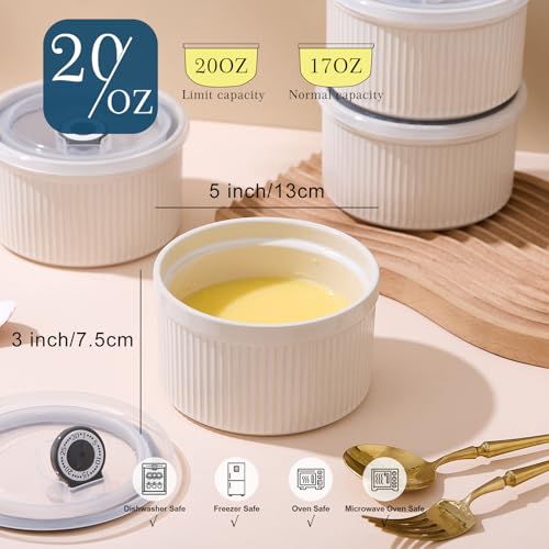 Hoilse Ceramic Bowls with Lids, 20 oz Microwave Safe Food Container for Serving Cereal, Soup, Salad, Meal Prep, Storing Leftovers, Picnic, Camping, Office Lunch, 5 inch-Set of 4 (Oatmeal White) - Image 2