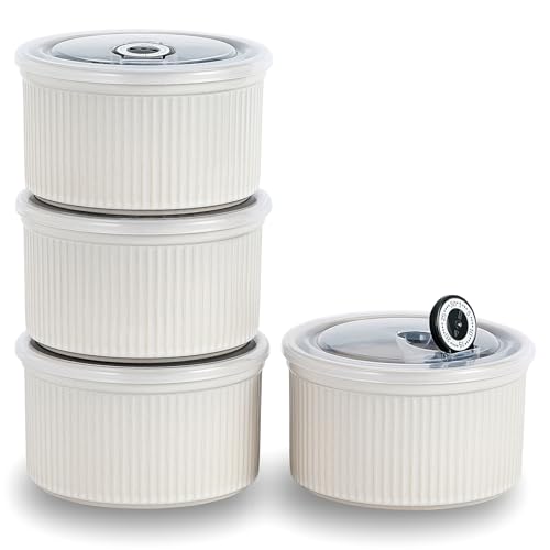 Hoilse Ceramic Bowls with Lids, 20 oz Microwave Safe Food Container for Serving Cereal, Soup, Salad, Meal Prep, Storing Leftovers, Picnic, Camping, Office Lunch, 5 inch-Set of 4 (Oatmeal White) - Image 1