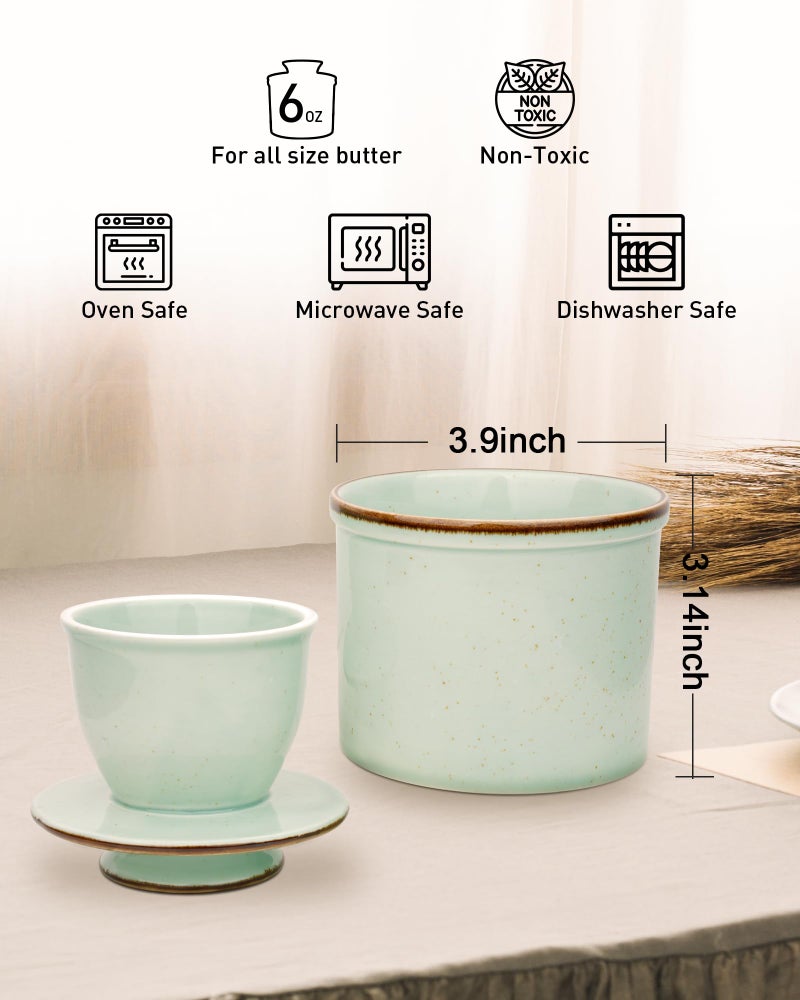 Jersinwei French Butter Dish, Butter Crock for Counter with Water Line, Ceramic Butter Keeper for Spreadable Butter - Chrismas Home Kitchen Decor - Reactive Glaze Collection - Green - Image 4