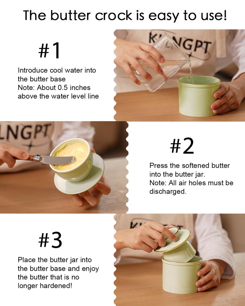 Jersinwei French Butter Dish, Butter Crock for Counter with Water Line, Ceramic Butter Keeper for Spreadable Butter - Chrismas Home Kitchen Decor - Reactive Glaze Collection - Green - Image 3
