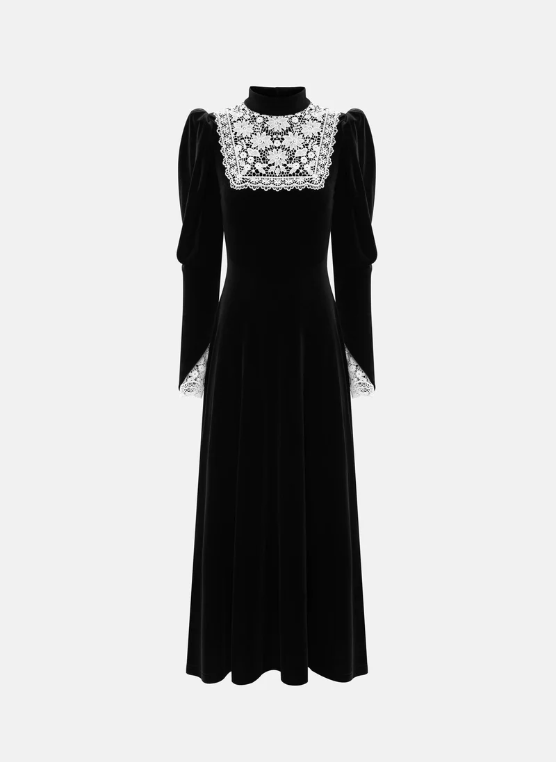 Lichi Velvet midi dress with contrasting openwork inserts