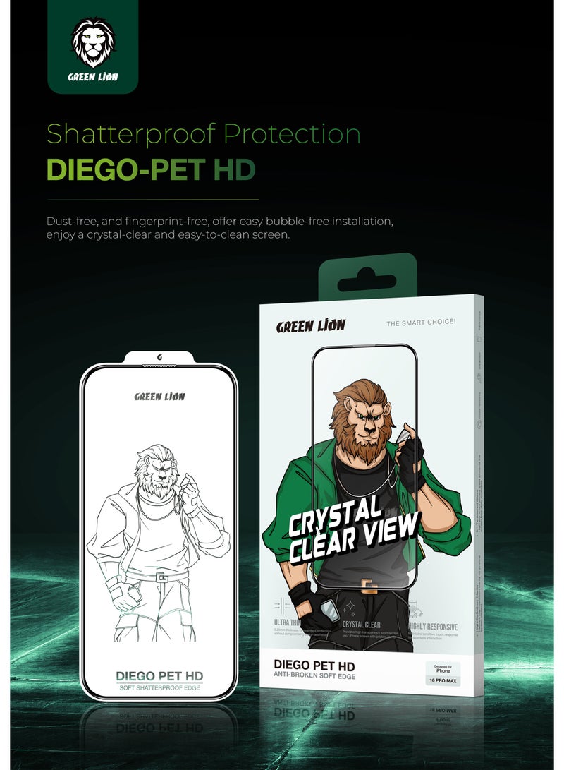 GREEN LION iPhone 16 Pro Max Diego Pet HD Screen Protector / Bubble Free / Highly Responsive / Crystal Clear / Anti Fingerprint / Grease Resistance / Anti Scratch - Clear - Image 2