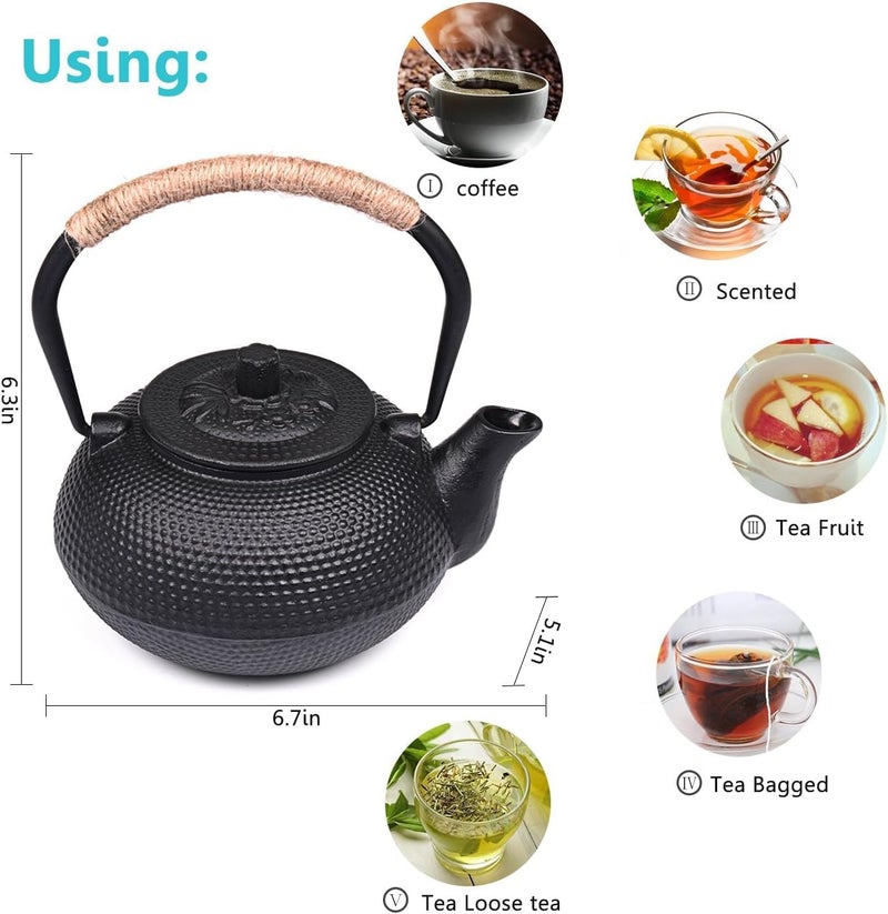 Dratal Dratal Cast Iron Teapot 32oz Tea Kettle Stovetop Safe with Infuser for Tea Coffee Japanese Pattern Tea Pot Coated with Enameled InteriorStainless Steel Infuser for Loose Tea 950ml DT02  - Image 2
